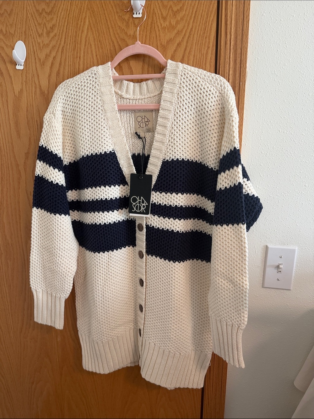 Chaser Cream and Navy Striped Knit Button Cardigan